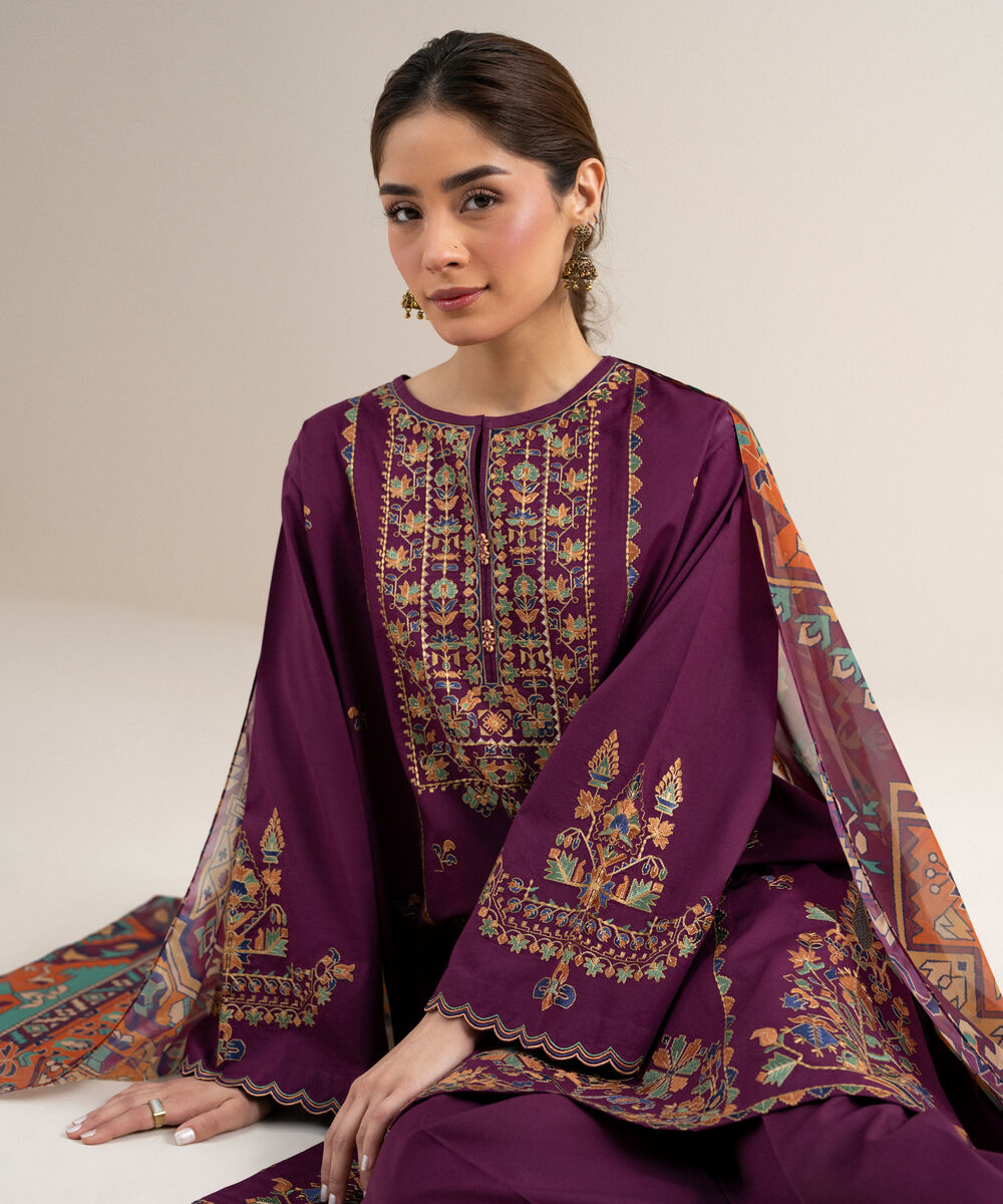 Women's Unstitched Lawn Embroidered Purple 3 Piece Suit
