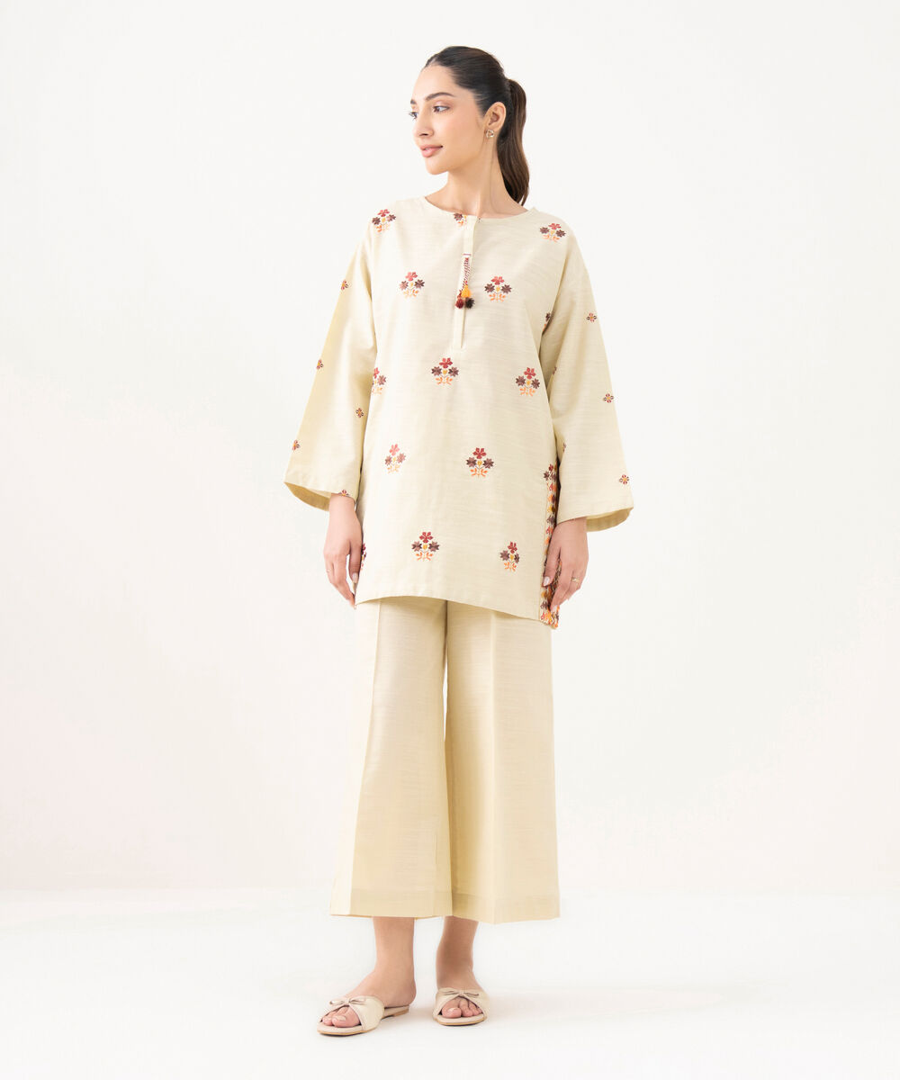 Women's RTW Cotton Embroidered Beige Straight Shirt