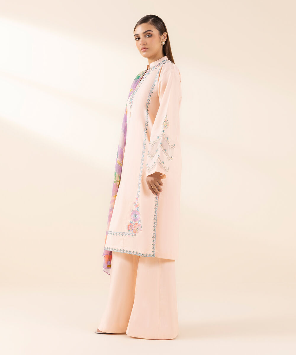 Women's Unstitched Lawn Embroidered Pink 3 Piece Suit