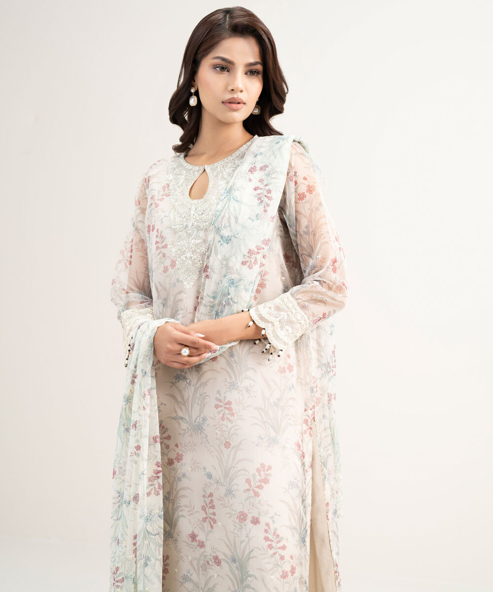 Women's RTW Blended Organza Embroidered Beige 3 Piece Suit