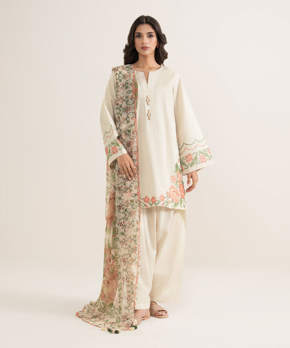 Women's Unstitched Textured Lawn Embroidered Off White 3 Piece Suit