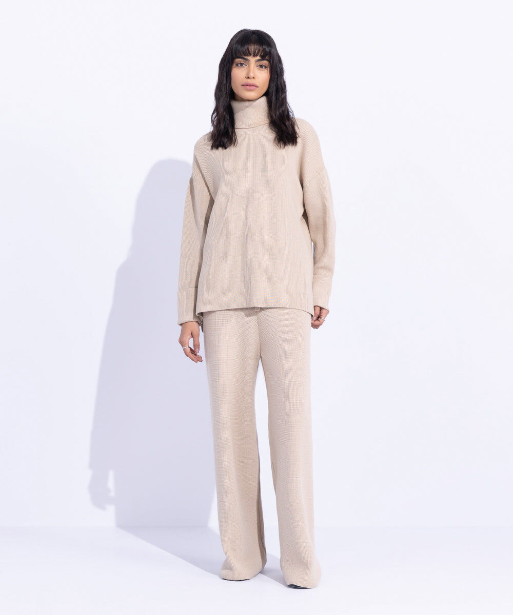 Woman - Beige Ribbed Turtle Neck Sweater