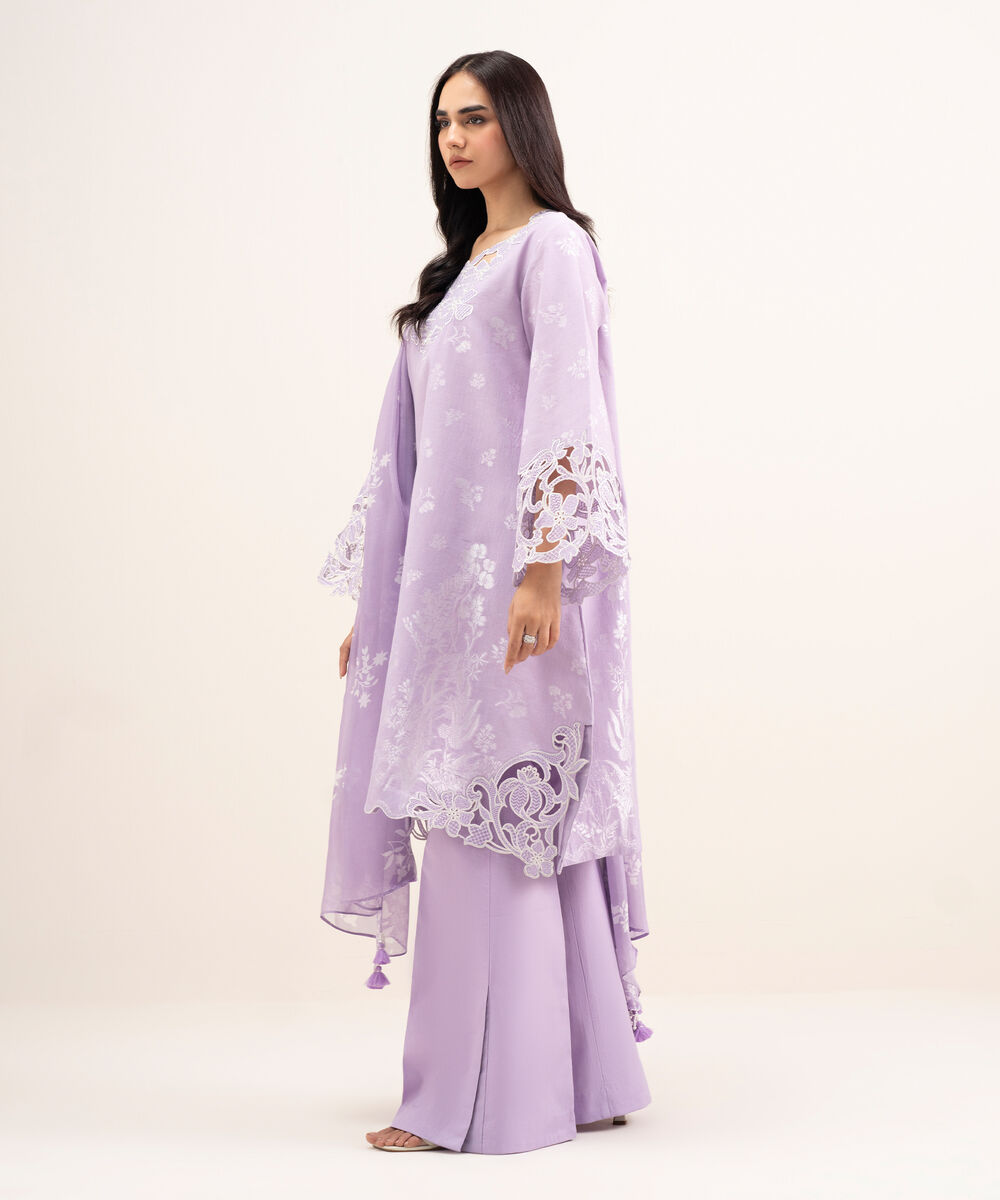 Women's Unstitched Extra Weft Jacquard Embroidered Purple 3 Piece Suit