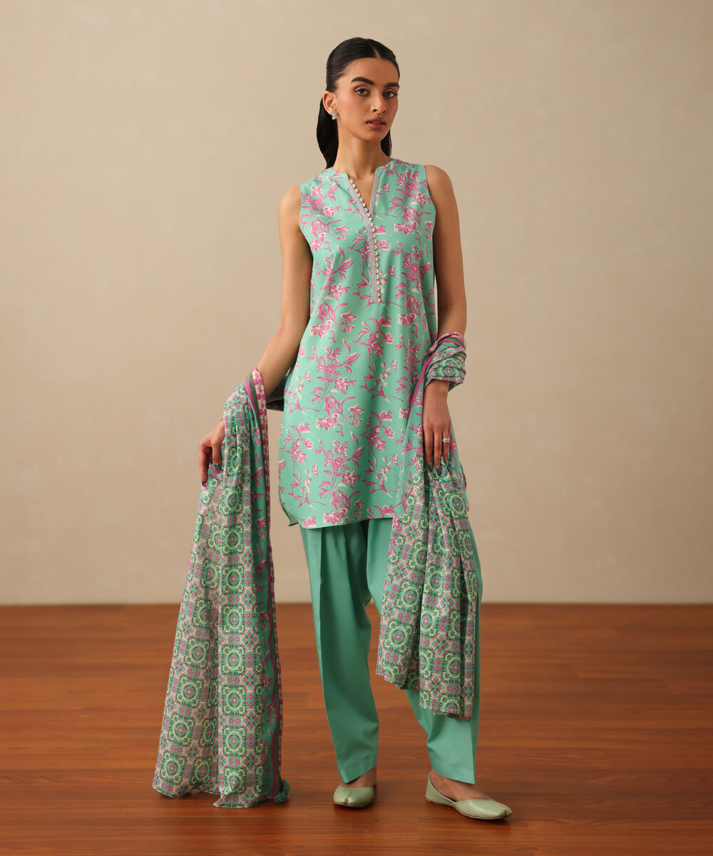 Women's Unstitched Lawn Printed Blue 3 Piece Suit