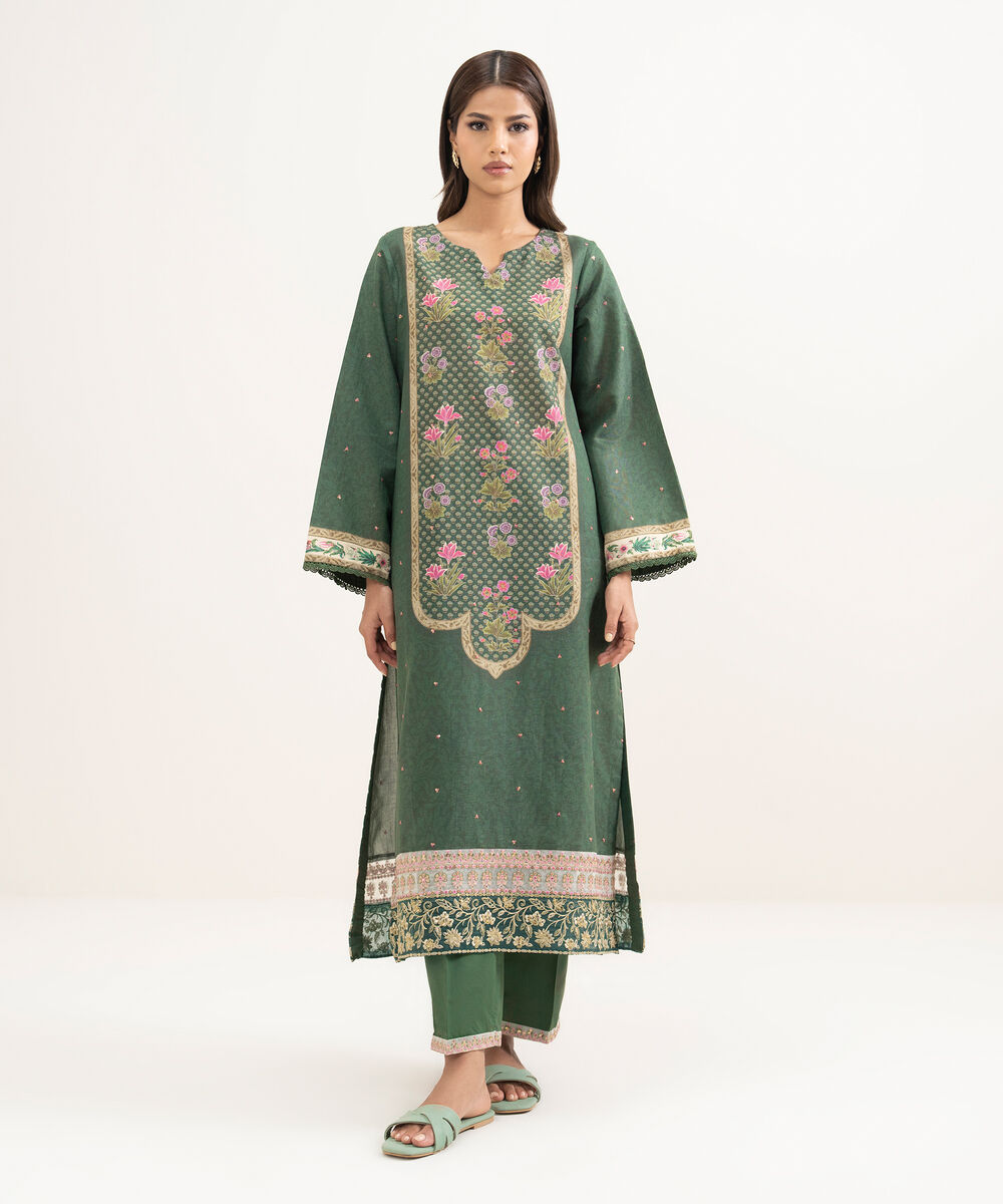 Women's RTW Zari Cotton Embroidered Green A-Line Shirt