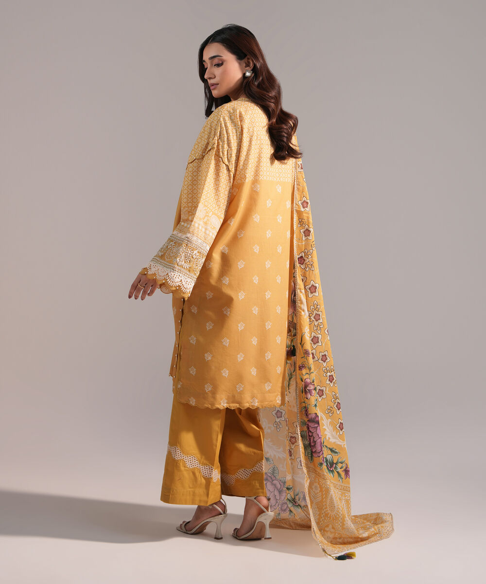 Women's RTW Zari Lawn Embroidered Yellow 3 Piece Suit