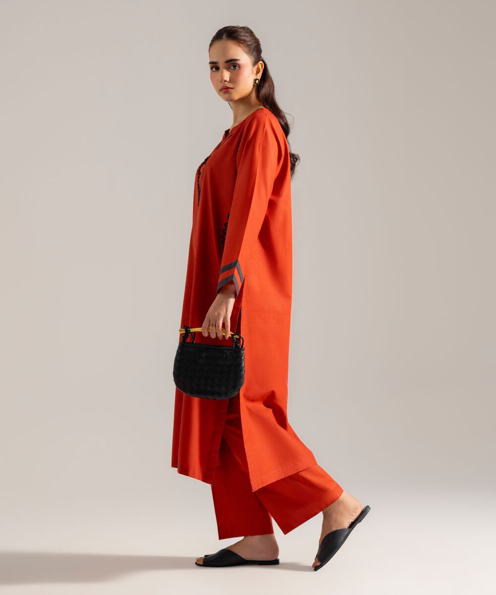Women's RTW Solid Embroidered Rust Cross Hatch 2 Piece Suit