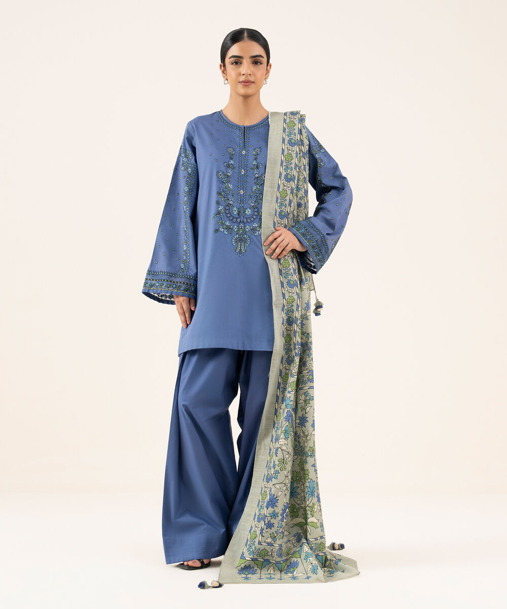 Women's Unstitched Textured Cotton Embroidered Blue 2 Piece Suit