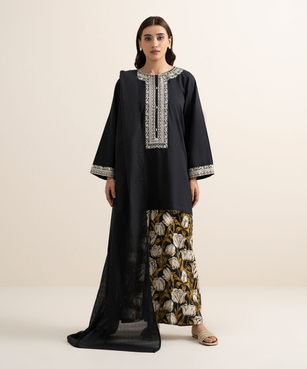 Women's RTW Cambric Embroidered Black Straight Shirt