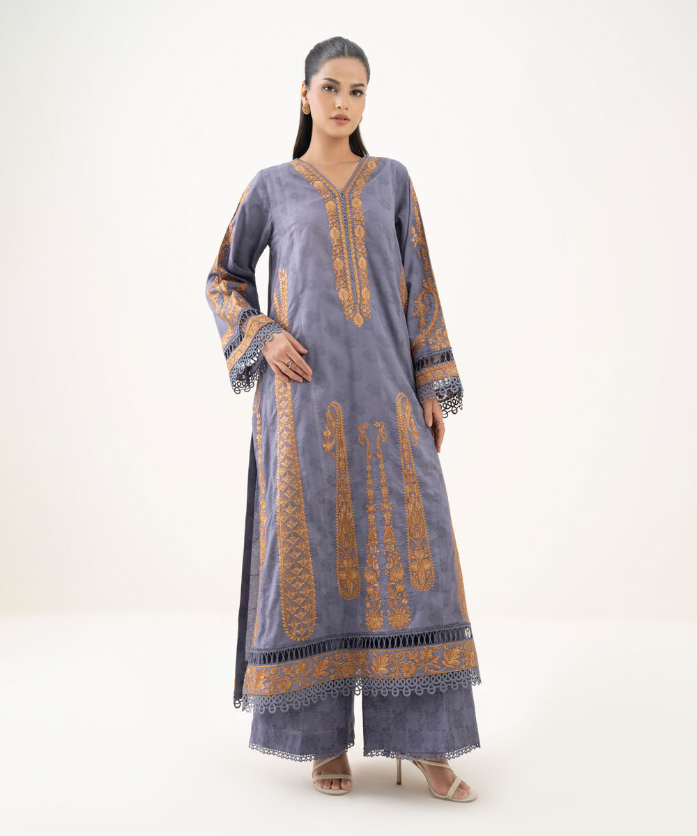 Women's RTW Cotton Jacquard Purple Embroidered A-Line Shirt