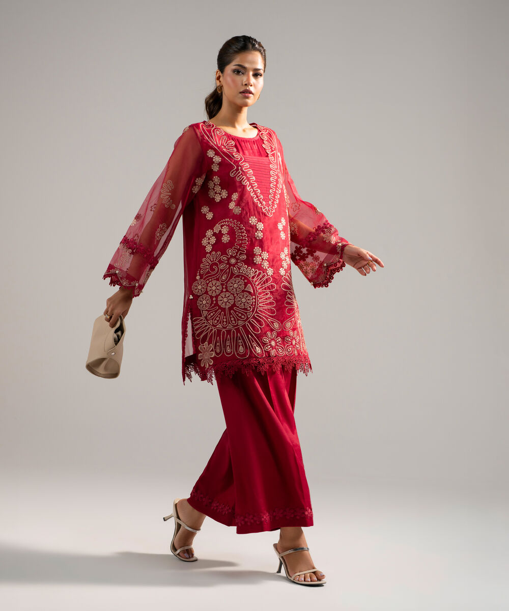 Women's RTW Organza Embroidered Red 2 Piece Suit