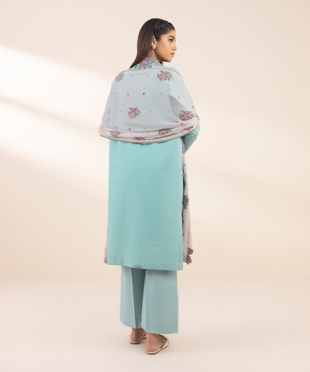 Women's Unstitched Blue Dobby 3 Piece Suit