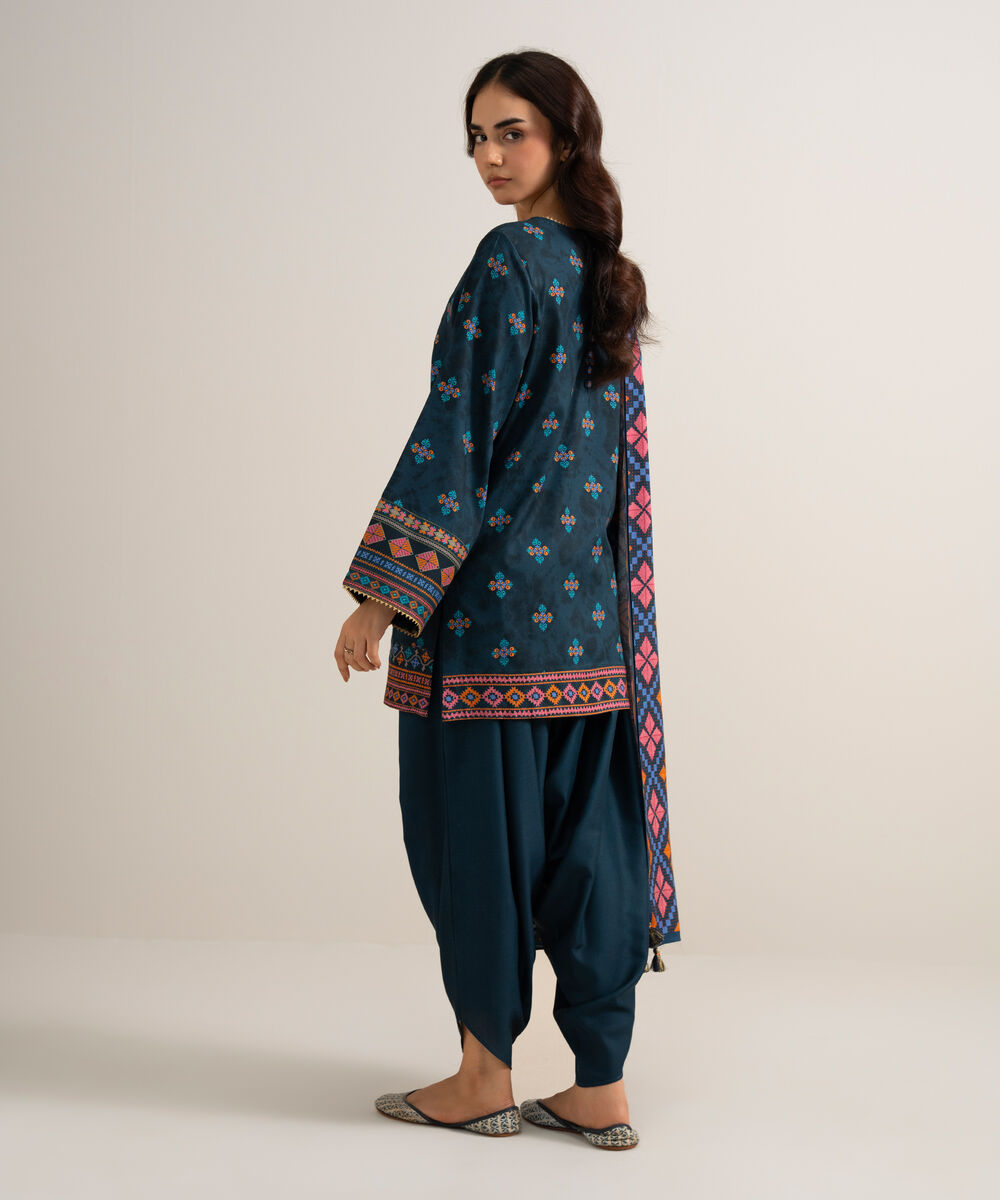 Women's Unstitched Embroidered Linen Blue 3 Piece Suit