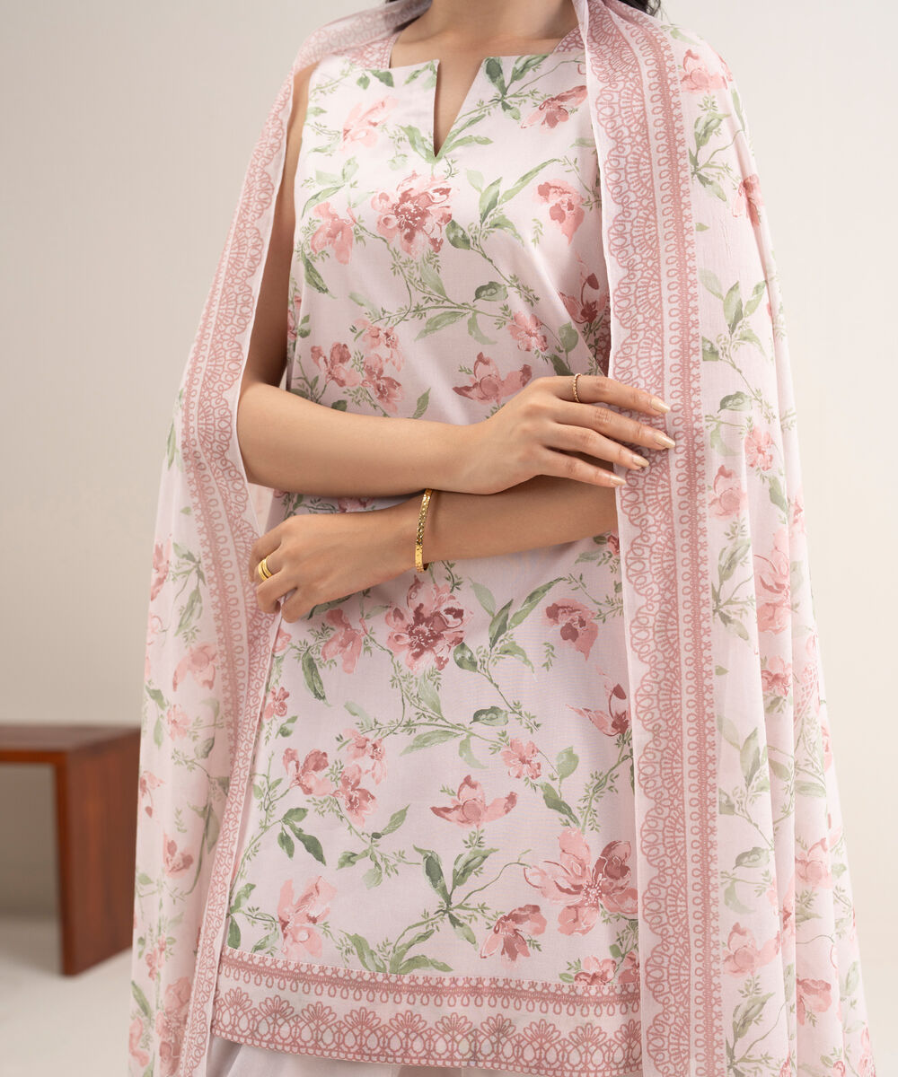 Women's Unstitched Lawn Printed Pink 3 Piece Suit