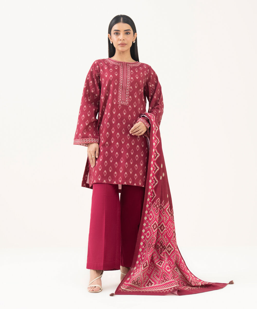 Women's RTW Light Khaddar Embroidered Maroon Straight Shirt