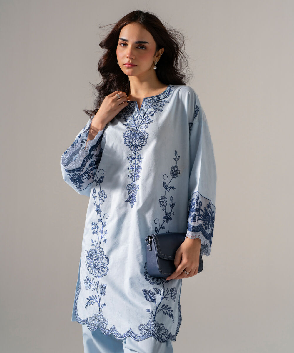Women's RTW Self Jacquard Solid Embroidered Blue 2 Piece Suit