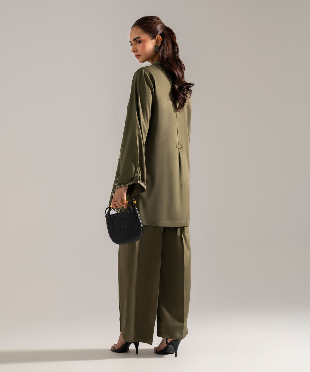 Women's RTW Solid Embroidered Olive Green Bedford Shirt