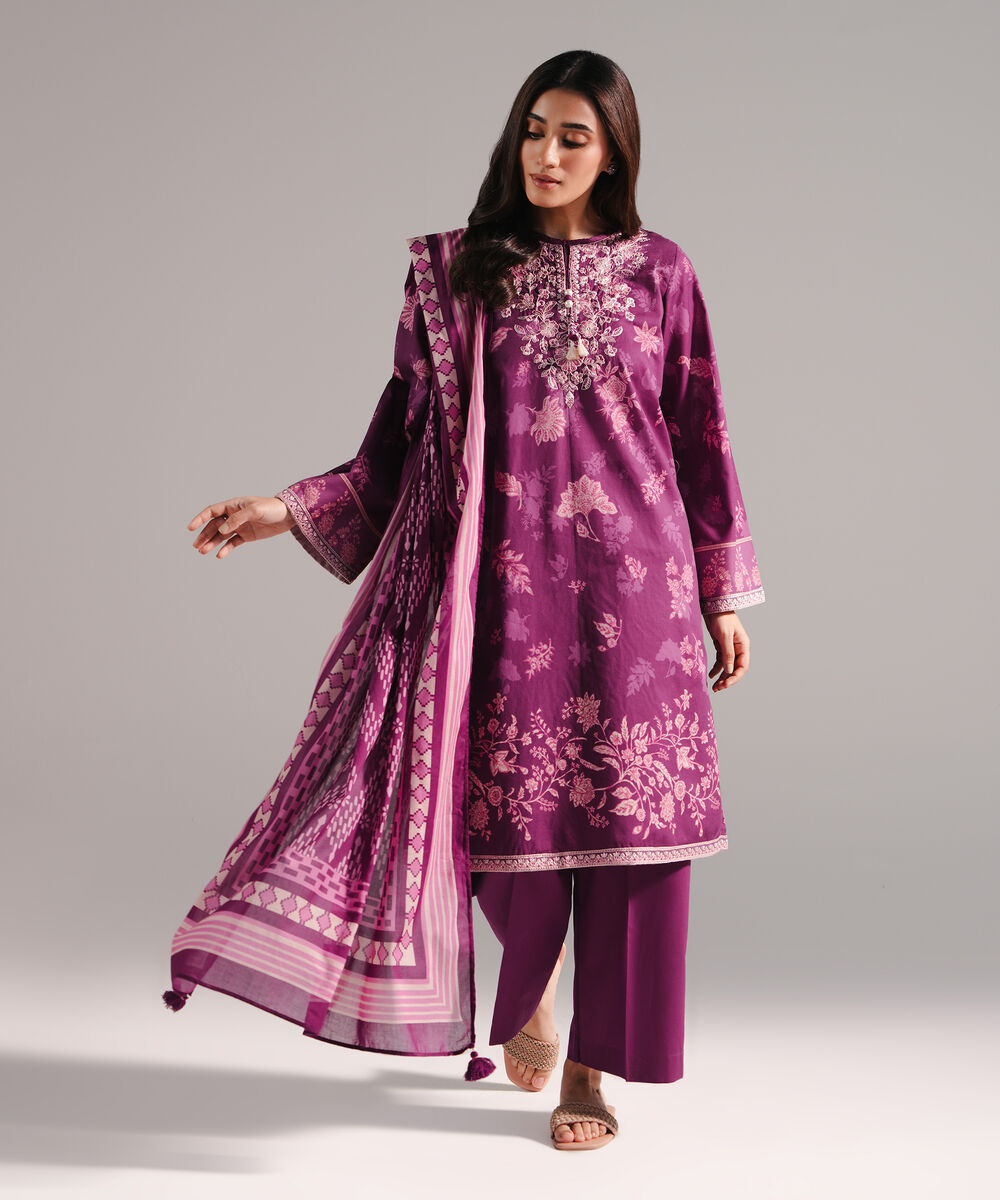 Women's RTW Lawn Printed Purple 3 Piece Suit