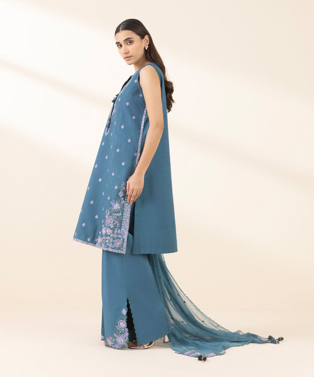 Unstitched Women's Embroidered Dobby Blue Three Piece Suit