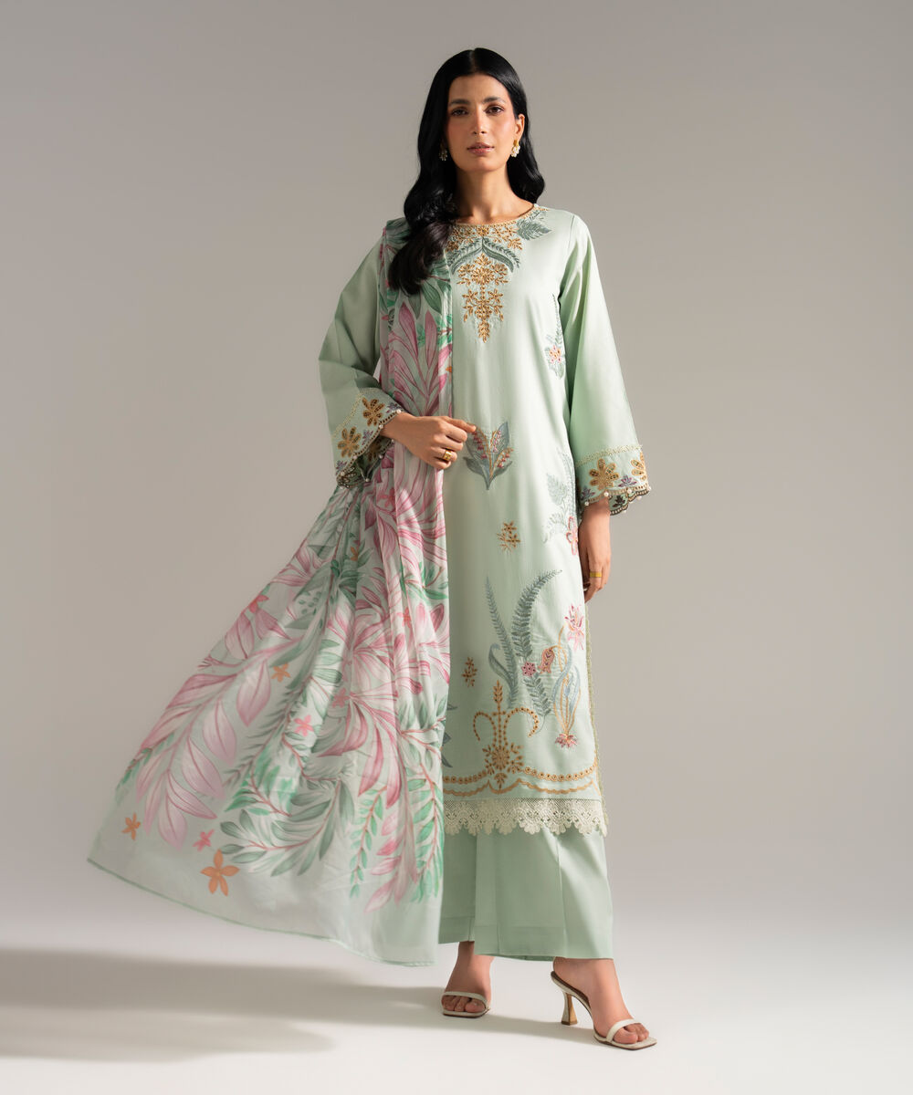 Women's RTW Dobby Crepe Embroidered Green 3 Piece Suit