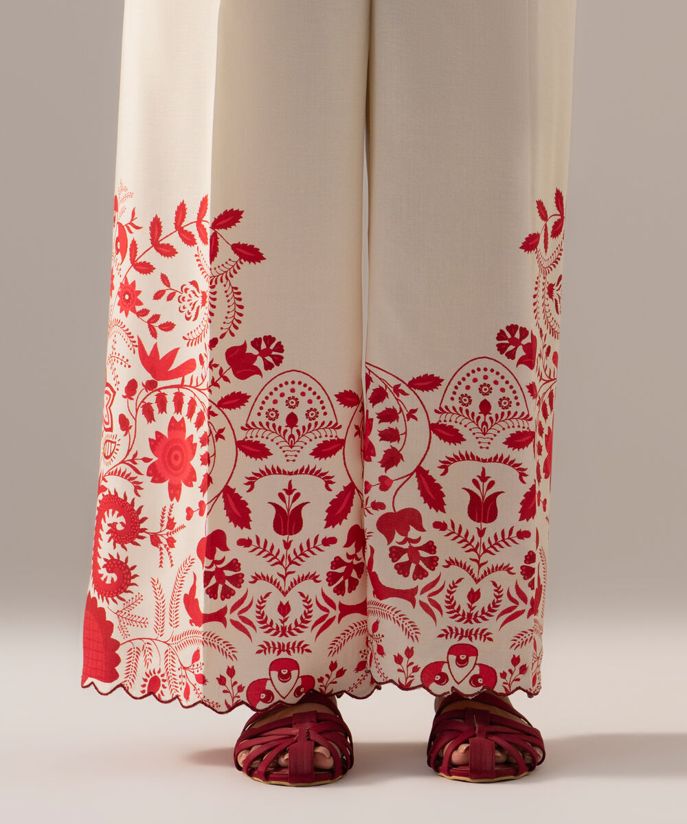 Women's RTW Arabic Cambric Printed Off White Flared Pants