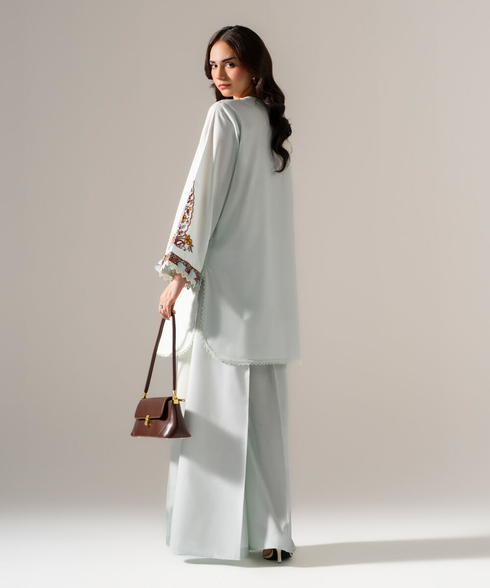 Women's RTW Dobby Solid Embroidered Blue Straight Shirt