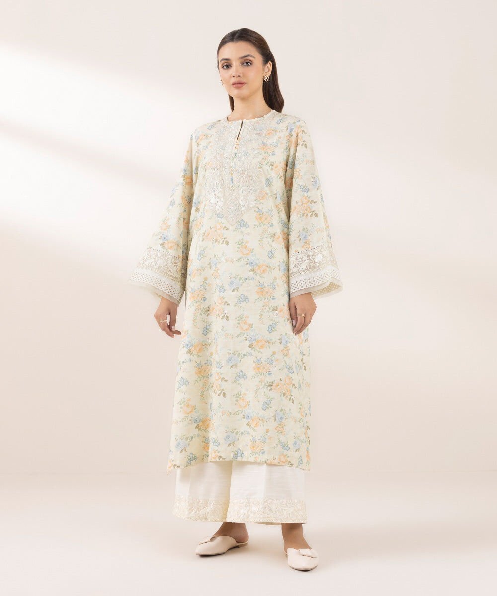 Woman - Off White Embroidered Khaddar Shirt