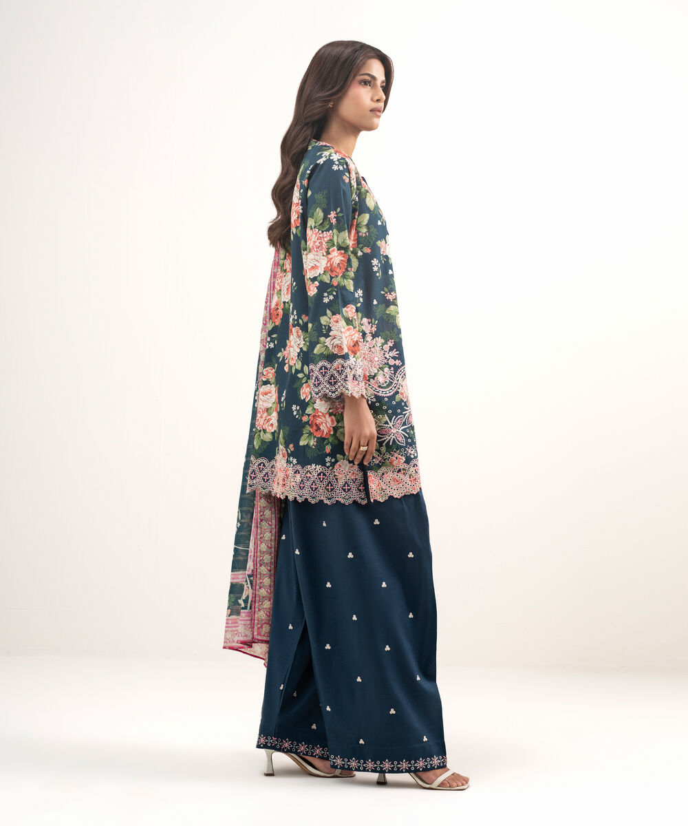 Women's RTW Lawn Embroidered Dark Blue 3 Piece Suit