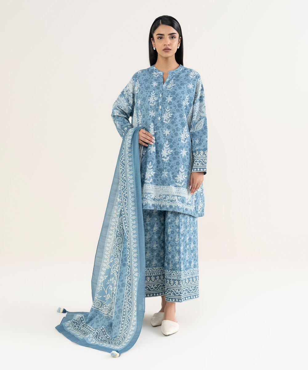 Women's Unstitched Printed Cotton Blue and Off White 3 Piece Suit