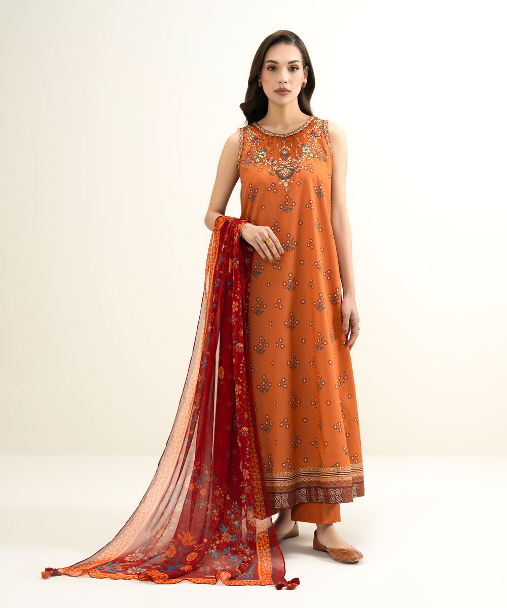 Women's Unstitched Lawn Embroidered Orange 3 Piece Suit