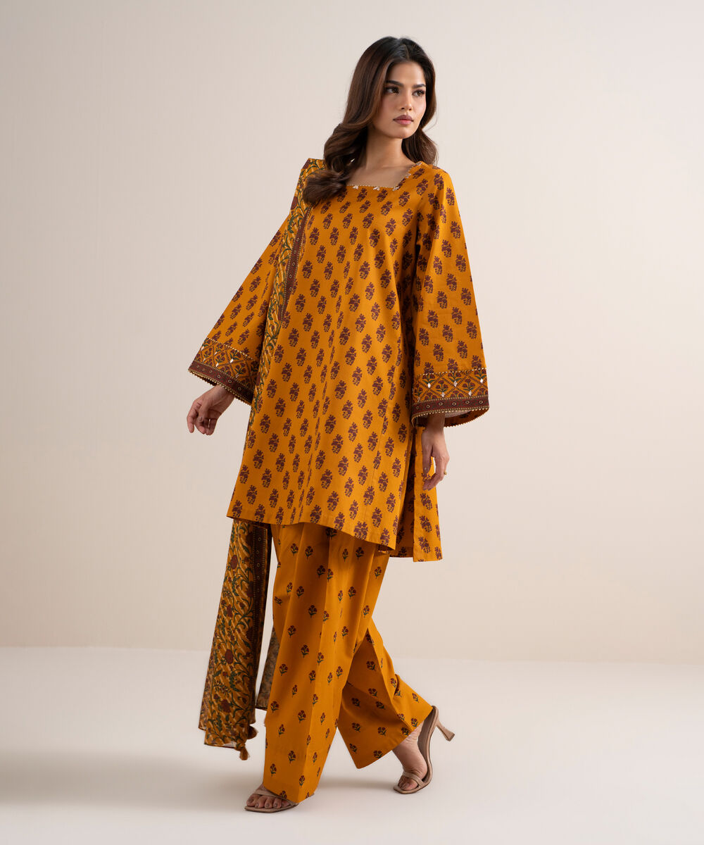 Women's Unstitched Lawn Printed Yellow and Red 3 Piece Suit