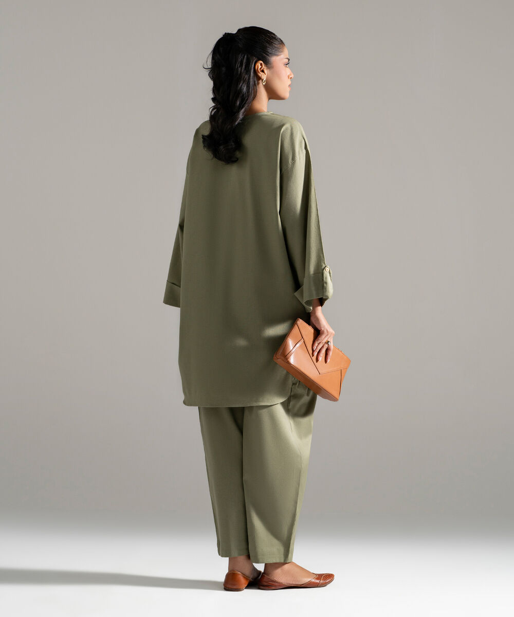 Women's RTW Cotton Linen Solid Green 2 Piece Suit