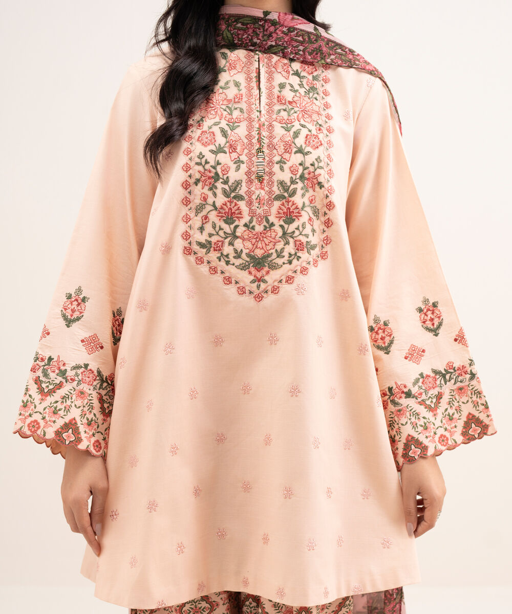 Women's Unstitched Textured Lawn Embroidered Pink 3 Piece Suit