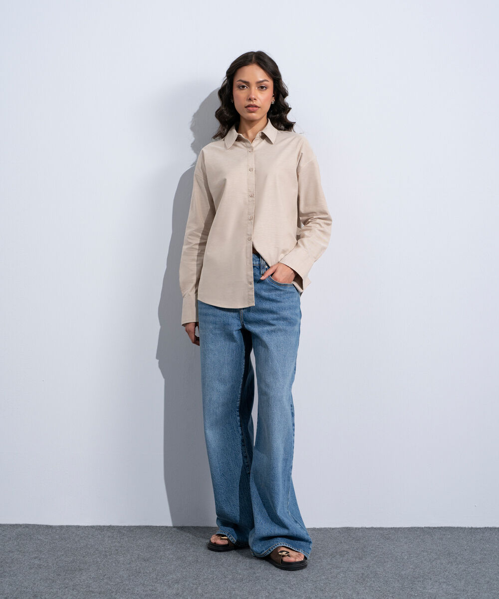 Women's Western Khaki Button Through Oxford Shirt
