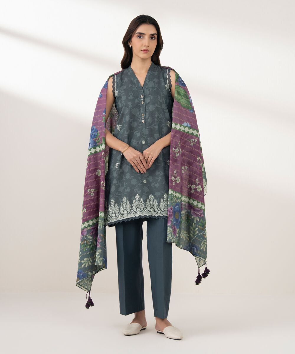 Women's Unstitched Zari Lawn Embroidered Grey 3 Piece Suit