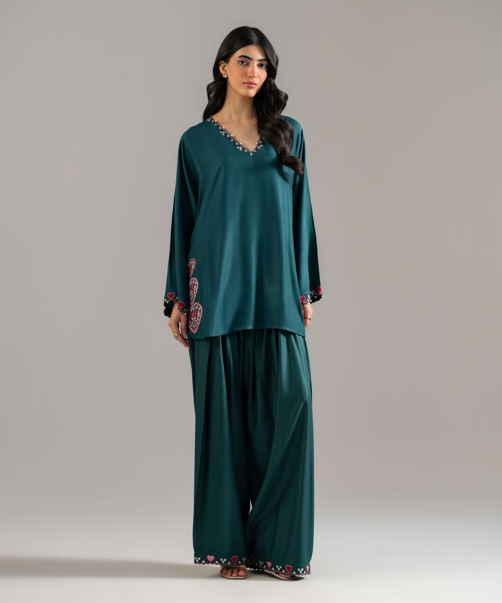 Women's RTW Bedford Embroidered Green Boxy Shirt