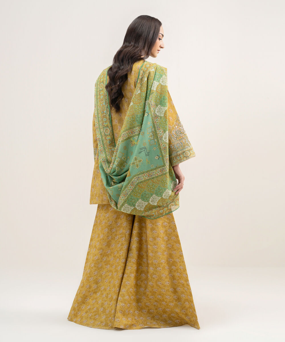 Women's Unstitched Lawn Embroidered Mustard 3 Piece Suit