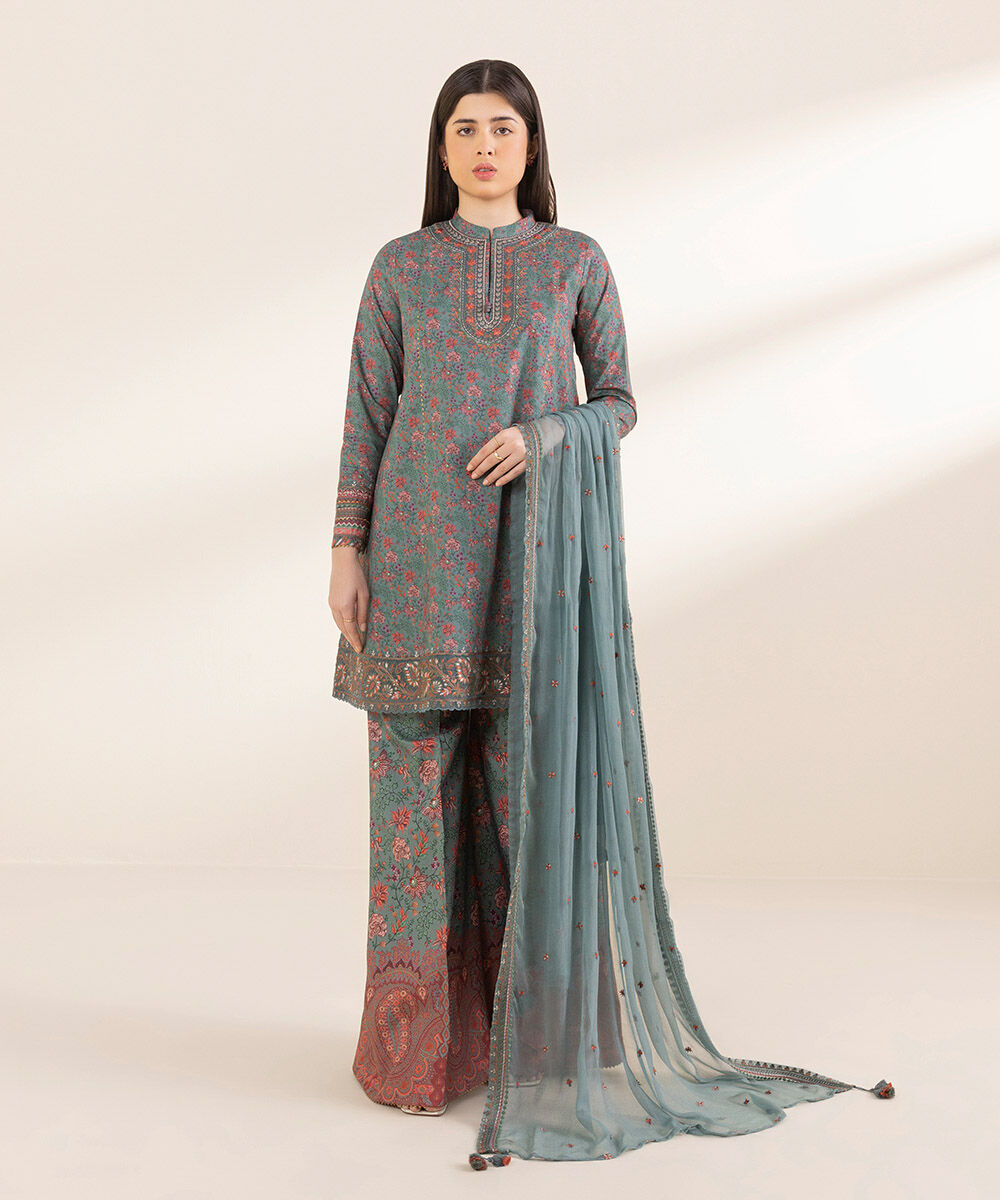 Unstitched Women's Embroidered Lawn Green Three Piece Suit