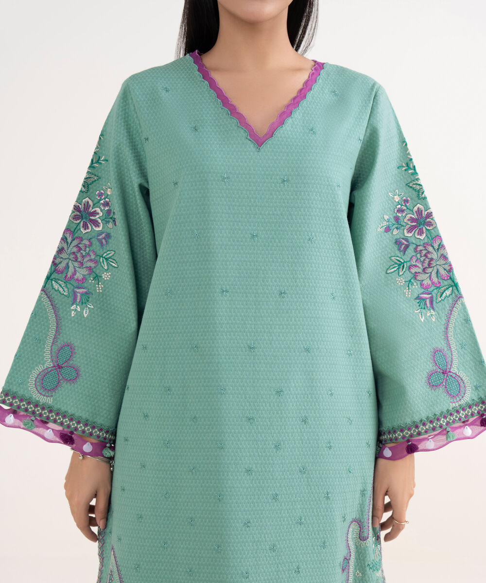 Women's Unstitched Dobby Embroidered Green 3 Piece Suit