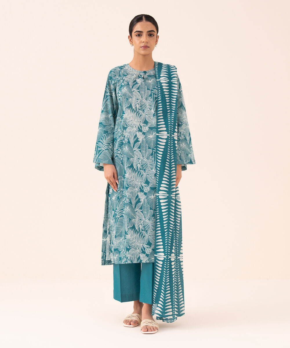 Women's Unstitched Cotton Printed Blue Three Piece Suit