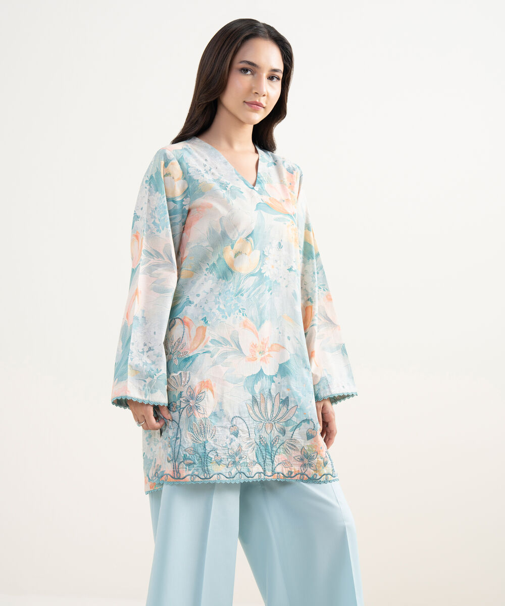 Women's RTW Lawn Embroidered Blue Straight Shirt
