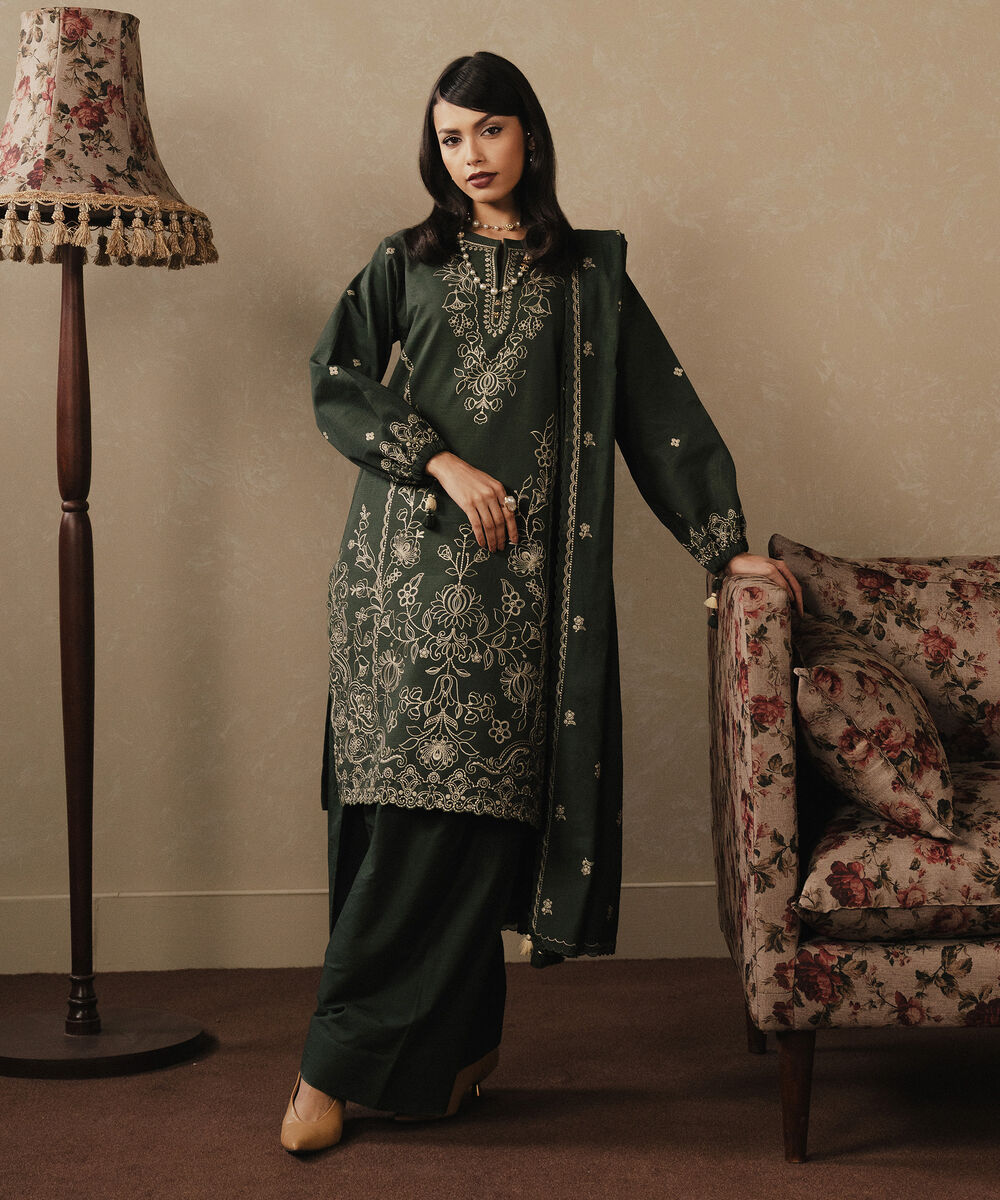 Women's Unstitched Embroidered Khaddar Green 3 Piece Suit