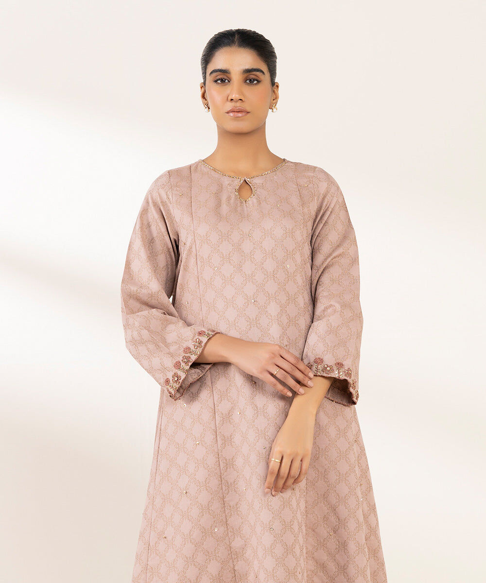 Woman - Pink Embroidered Cotton Jacquard Shirt