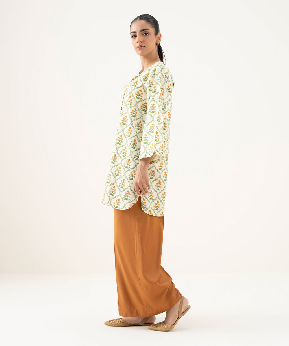 Women's RTW Cambric Printed Off White Straight Shirt