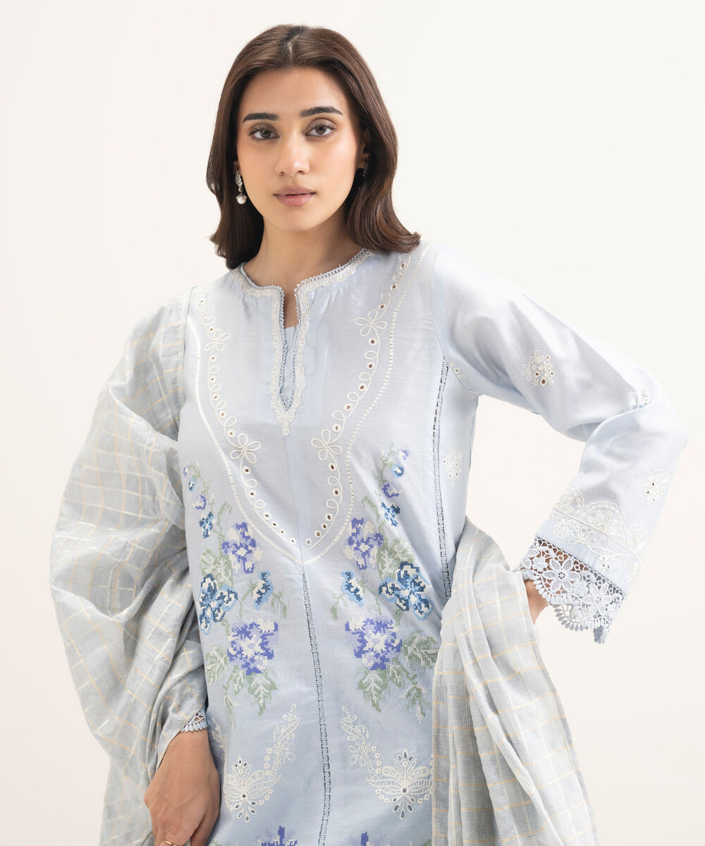 Women's RTW Silk Cotton Net Embroidered Blue 3 Piece Suit
