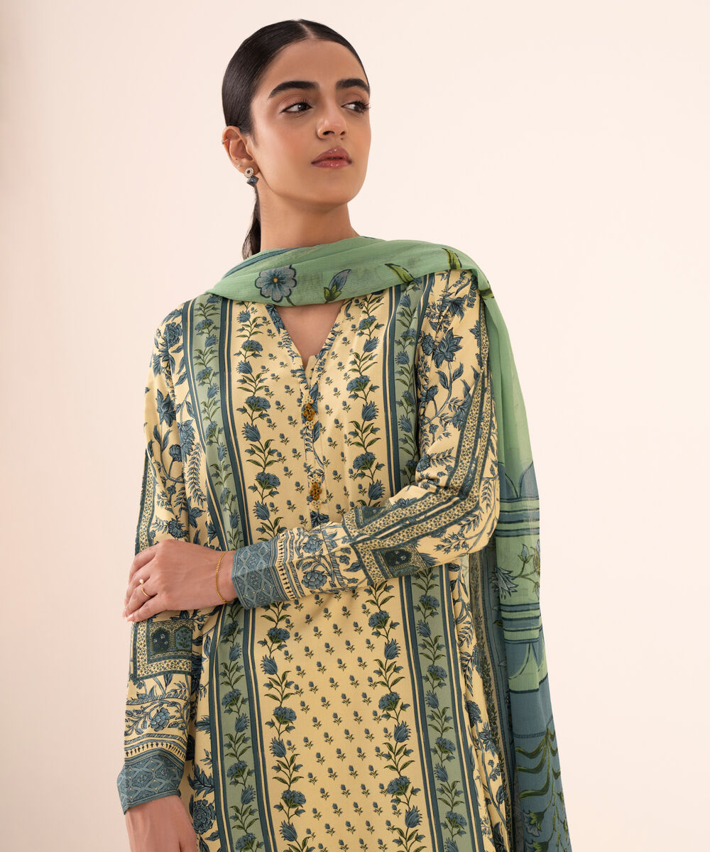 Women's Unstitched Lawn Printed Green Three Piece Suit