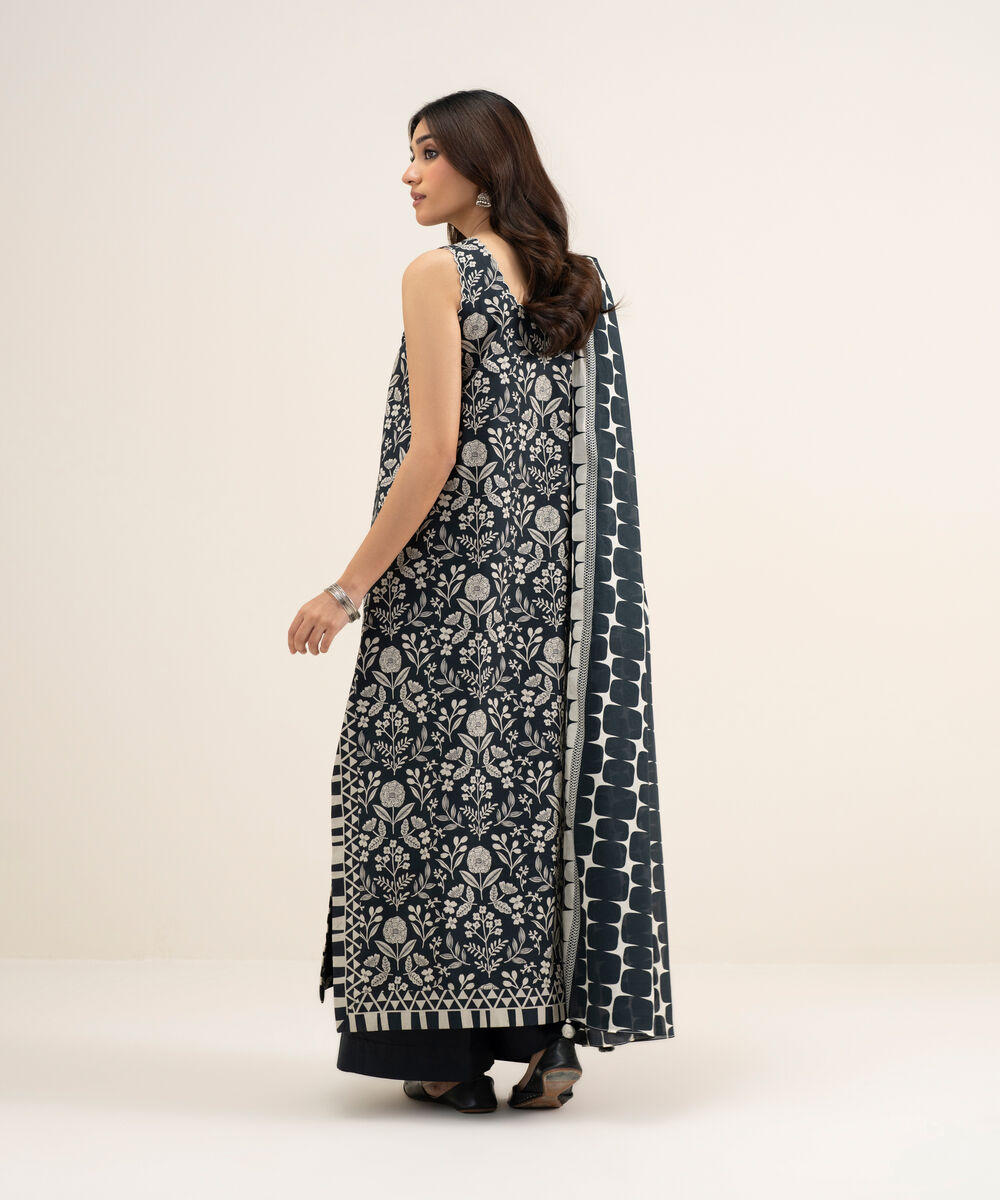 Women's Unstitched Lawn Embroidered Black and Off White 3 Piece Suit