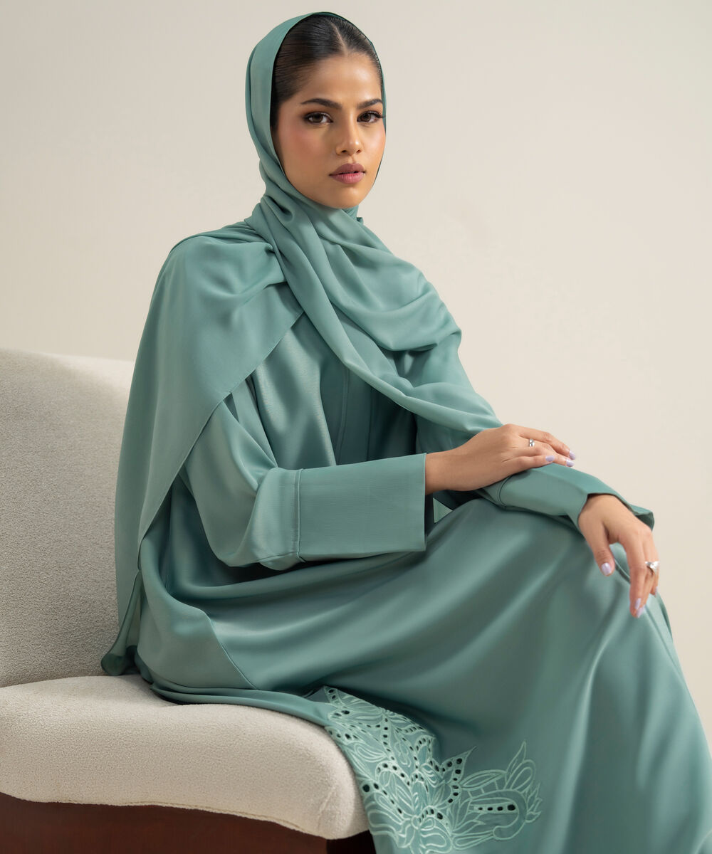 Women's Polyester Blue Embroidered Regular Abbaya Set