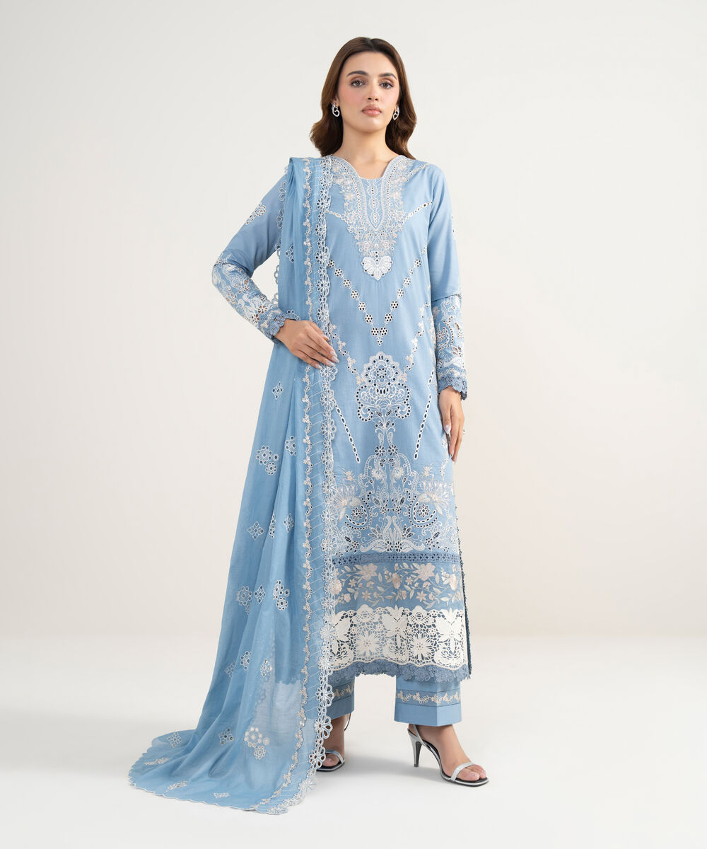 Women's Unstitched Lawn Embroidered Blue 3 Piece Suit