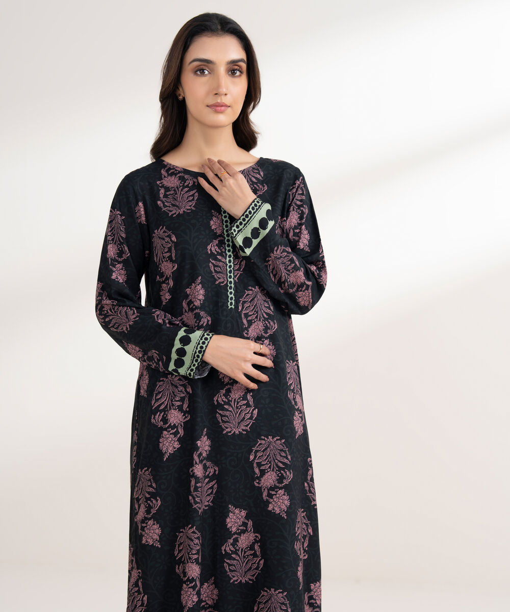 Women's RTW Viscose Linen Printed Straight Black Shirt